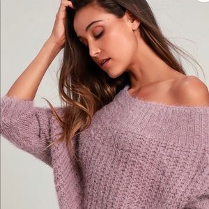 Dusty purple off-the-shoulder fuzzy sweater